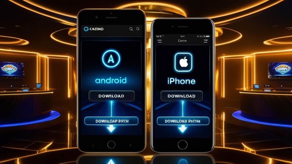 Celular com opções de download do app em Android e iPhone em ambiente de cassino escuro