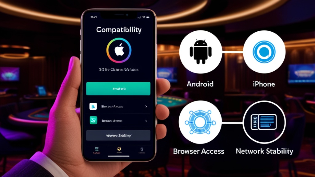 Tela de celular com compatibilidade e acesso do app em ambiente de cassino escuro
